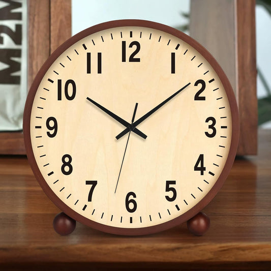 Wooden Table Clock,8in Silent Non-Ticking Desk Clock,Battery Operated Desktop Analog Clock for Living Room Bedroom Kitchen Office Classroom Decor (Walnut)