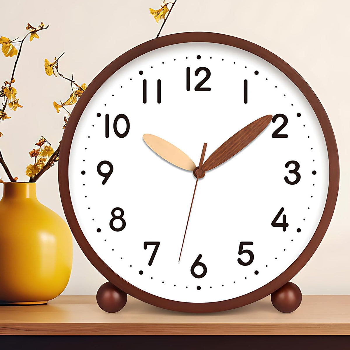 Wooden Table Clock,8in Silent Non-Ticking Desk Clock,Battery Operated Desktop Analog Clock for Living Room Bedroom Kitchen Office Classroom Decor (Walnut)