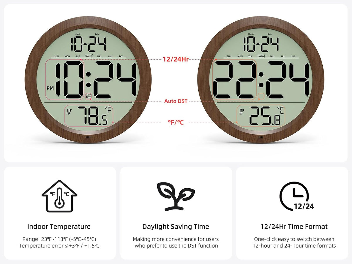 Digital Wall Clock Battery Operated, 8 Inch Small Wall Clock with Large Display, Temperature and Date | Simple Desk Clock | Silent Wall Mount Digital Clock for Bedroom, Kitchen, Living Room, Office