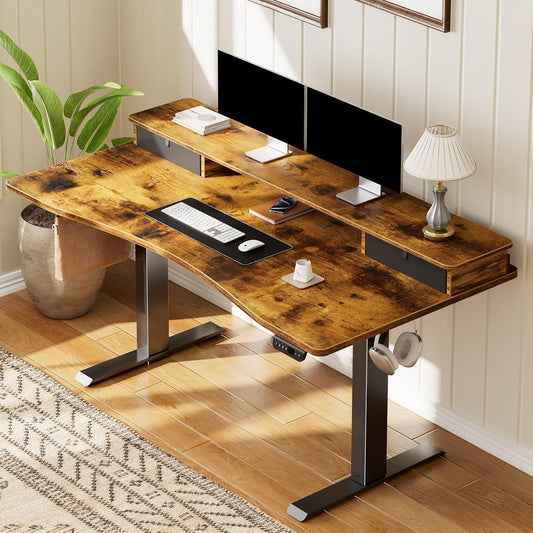 47.2"×27.6" Standing Desk with Storage Drawers, Adjustable Height Computer Table with Monitor Shelf, Home Office Desk for Study, Gaming, Workstation, Brown
