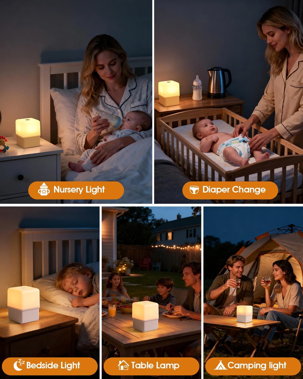Cool Lift Touch Lamps for Nightstand, Cordless Warm Night Light for Baby Nursery/Sleep Aid, Dimmable/2600K Amber/2000mAh Rechargeable, Small Bedside Nightlight for Kids and Adults' Bedroom