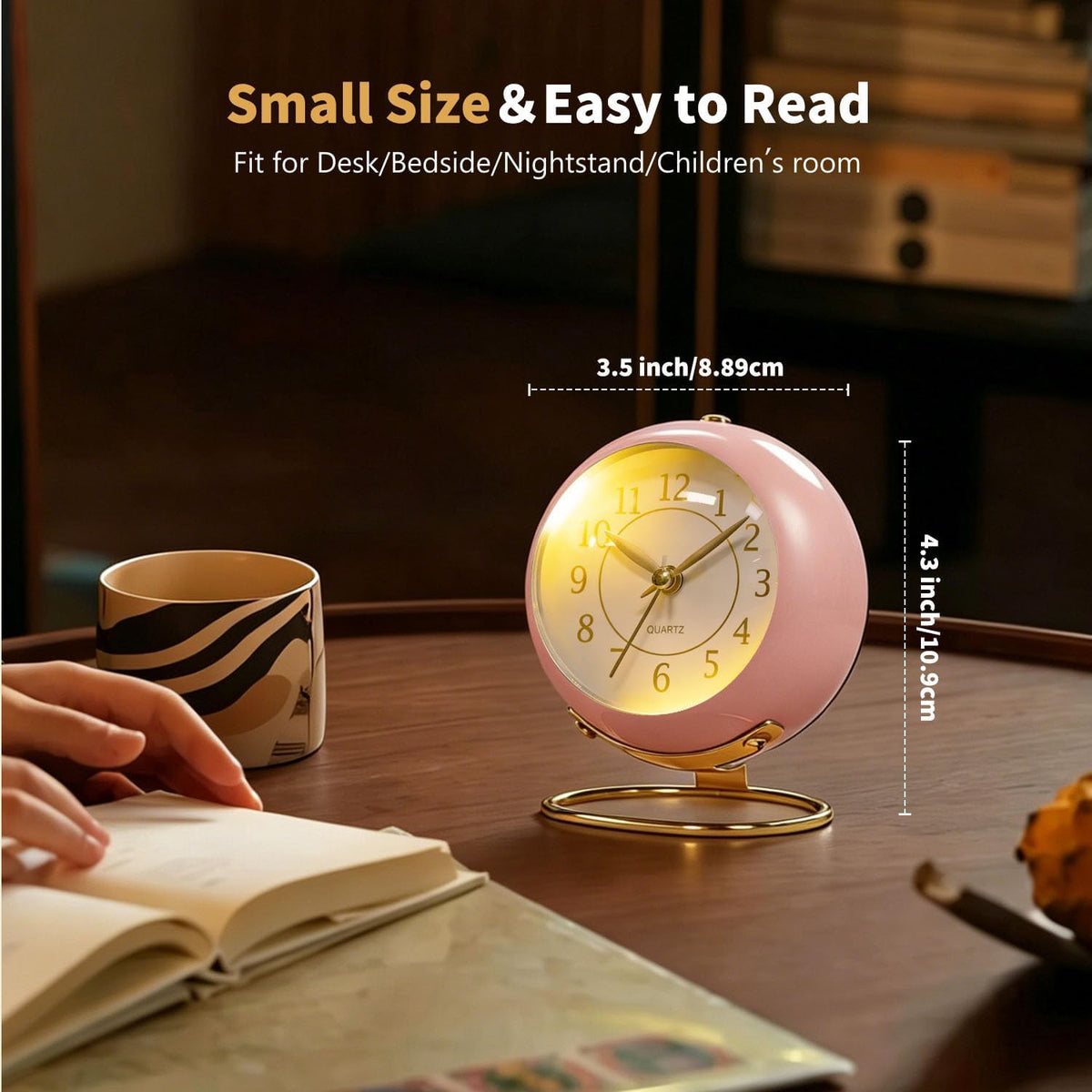 Analog Alarm Clock, Retro Small Desk Clock with Night Light, Backlight Cute Simple Metal Design, Silent Non-Ticking, Battery Powered, for Bedroom,Travel,Kitchen,Bedside Desktop Decor