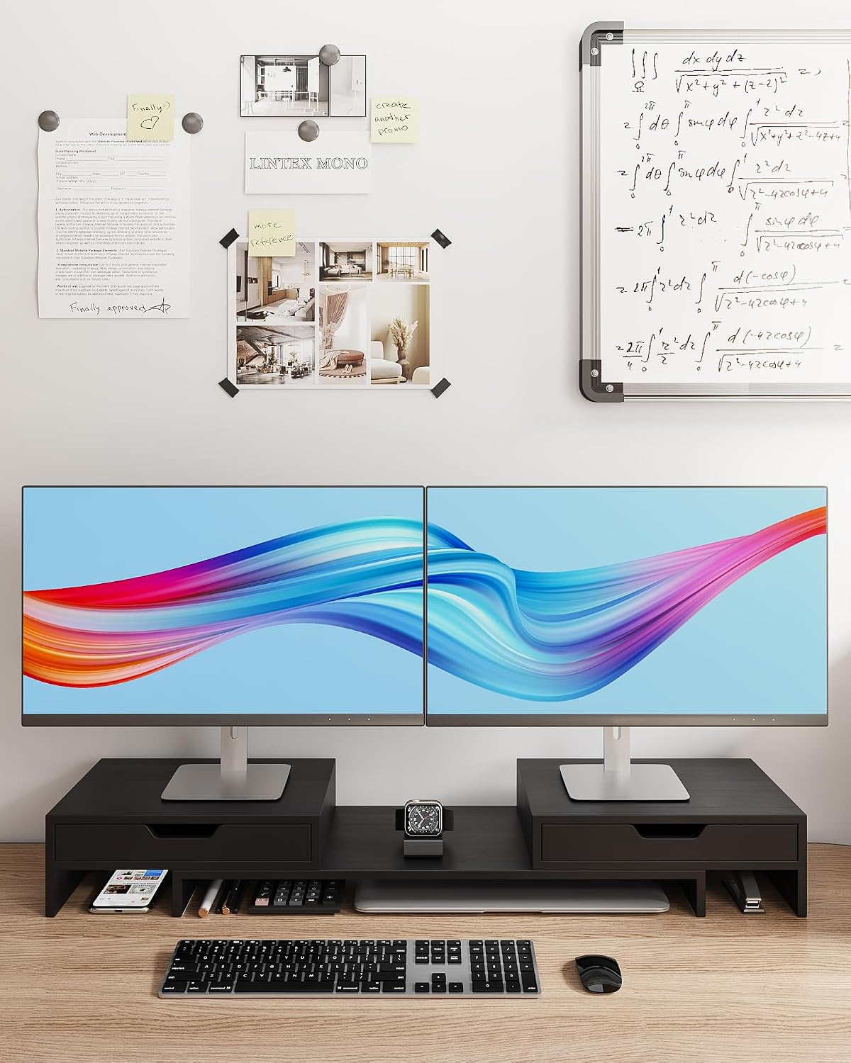 Dual Monitor Riser with Two Drawer for Desk, No Assembly Required