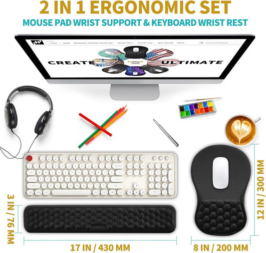 2 in 1 Ergonomic Mouse Pad Wrist Support & Wrist Rest for Computer Keyboard Set, with Relieve Carpal Tunnel Pain Massage Bulge and Full Memory Gel Design (2In1 Set, Black)