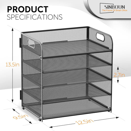 Letter Tray Paper Organizer 5-Tier Desk Organizer File Organizer Paper Holder with Handle, Metal Desktop Document Shelf Tray Office Classroom Organization - Black