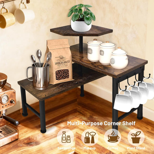 Kitchen Countertop Organizer, 3 Tier Moveable Corner Shelf Kitchen Shelf with Hook, Countertop Organizer for Bathroom, Spice Rack, Bookshelf, Coffee Area, Dresser Table (Brown)