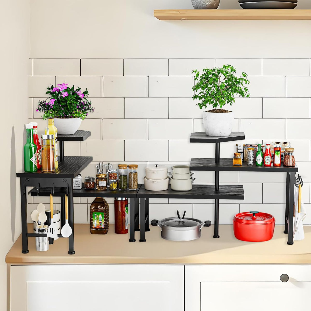 Kitchen Countertop Organizer, 3 Tier Moveable Corner Shelf Kitchen Shelf with Hook, Countertop Organizer for Bathroom, Spice Rack, Bookshelf, Coffee Area, Dresser Table (Brown)