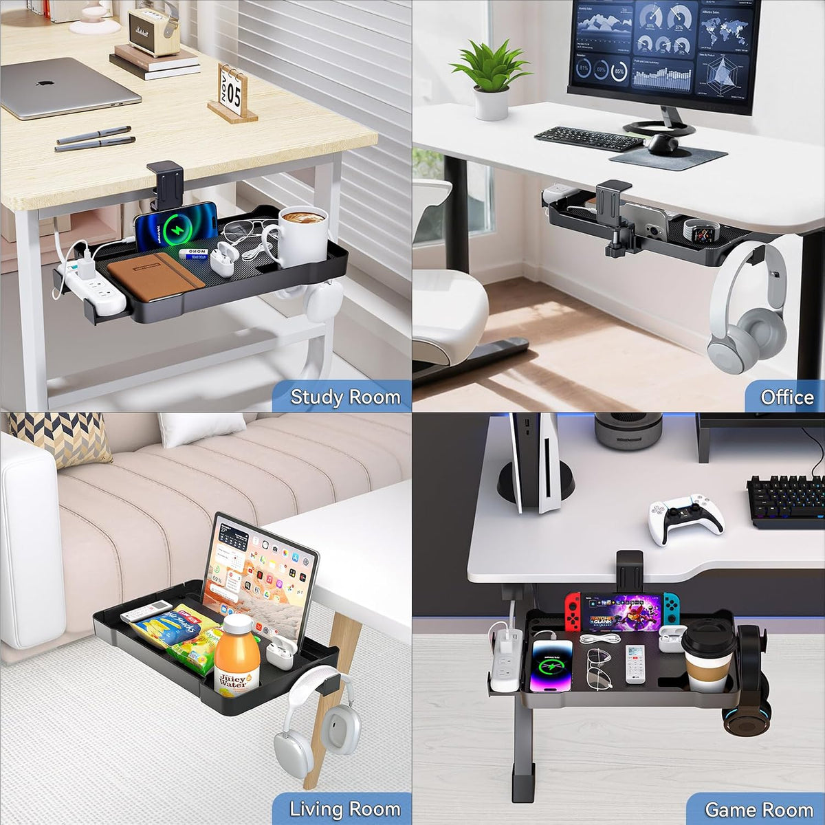 Under Desk Organizer - 360° Rotating Clamp-On Tray with Headphone Hook, Phone & Tablet Holder, Cup Holder, and Cable Management - No Drilling Desk Storage Accessories for Office and Home