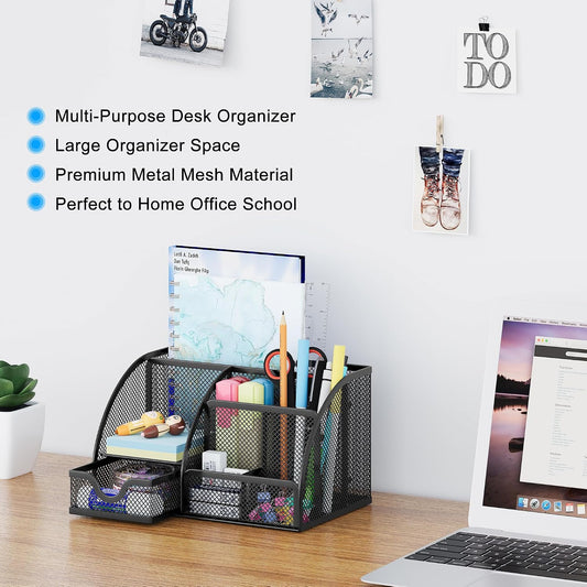 Mesh Desk Organizer with Drawer Multi-functional Pen Holder Stationery Organizer for Office School Supplies 6 Compartments Dorm Organizers and Storage for Desk, Black