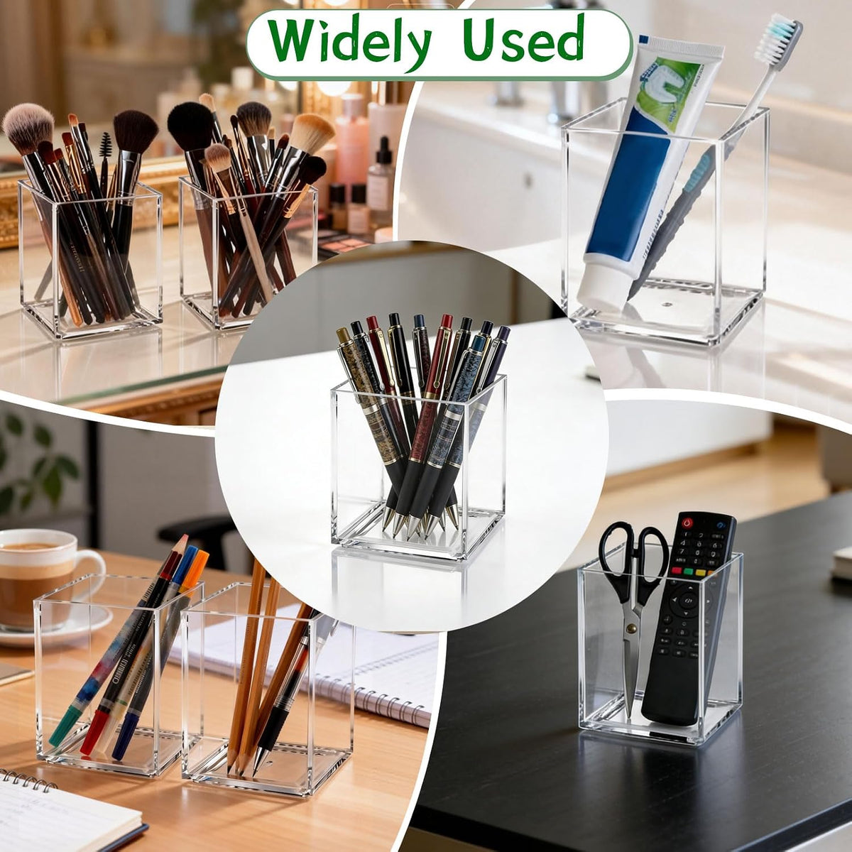 4 Pack Clear Acrylic Pen Holder Cup, Clear Makeup Brush Holder, Thickened Acrylic Desktop Stationery Organizer for Office, School, and Home Storage