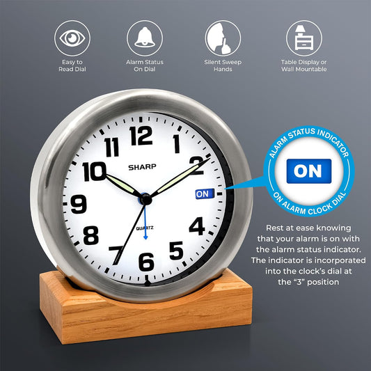 Silent Sweep Non-Ticking Analog Alarm Desk Metal Clock, Wood Stand