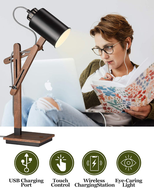 Touch Control Sapele Wood Desk Lamp with Wireless Charging & USB Port, LED Reading Task Light,Adjustable, Swing Arm Table Lamp for Bedroom, Study Work, Office, Dorm, Bulb Included, Black
