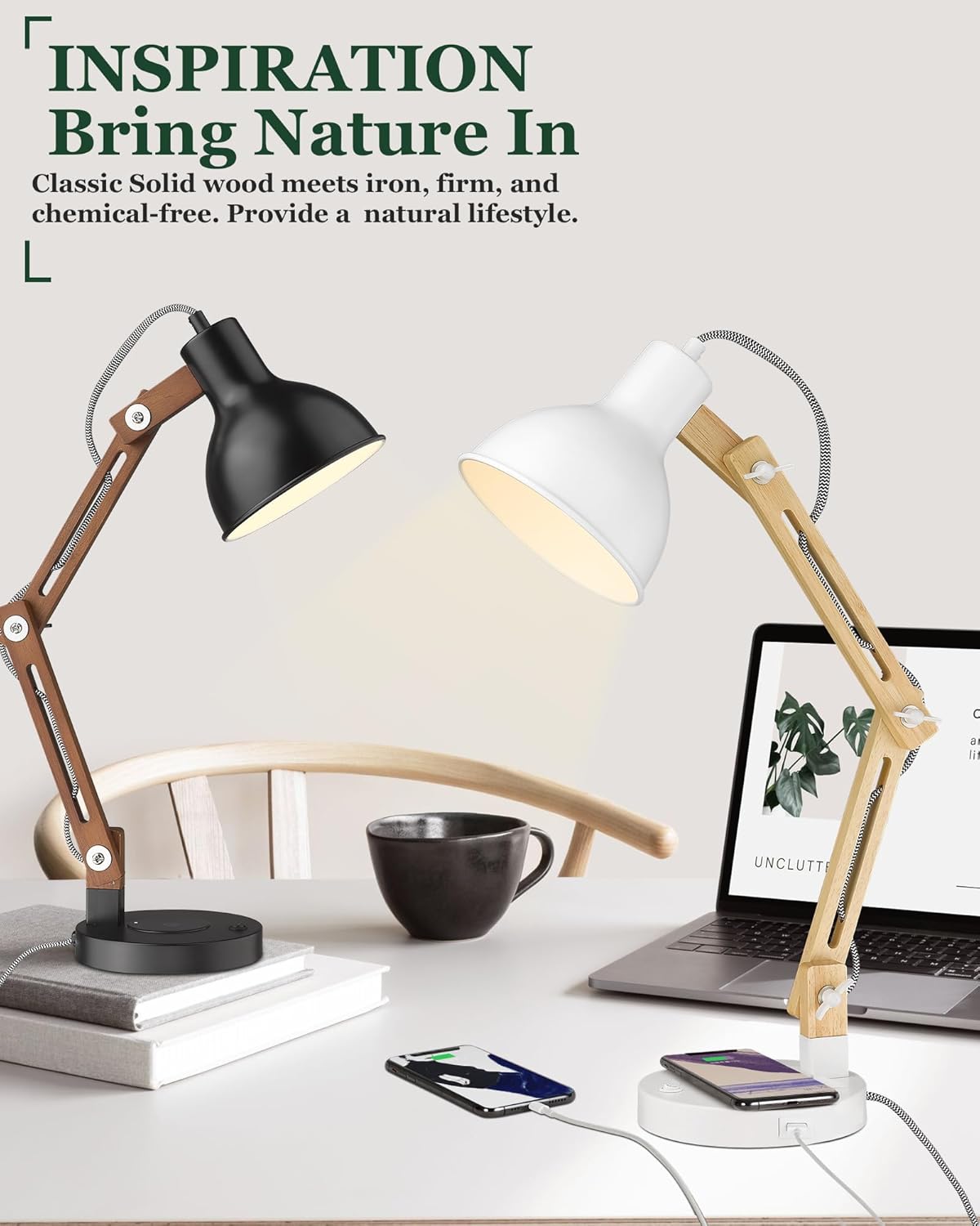 Touch Control Sapele Wood Desk Lamp with Wireless Charging & USB Port, LED Reading Task Light,Adjustable, Swing Arm Table Lamp for Bedroom, Study Work, Office, Dorm, Bulb Included, Black
