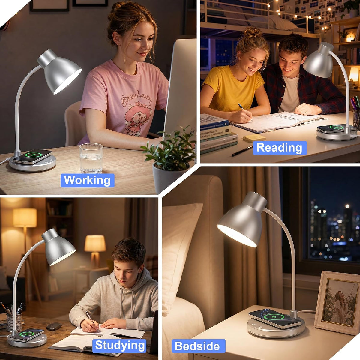 LED Desk Lamp for Home Office with Wireless Charger, Black
