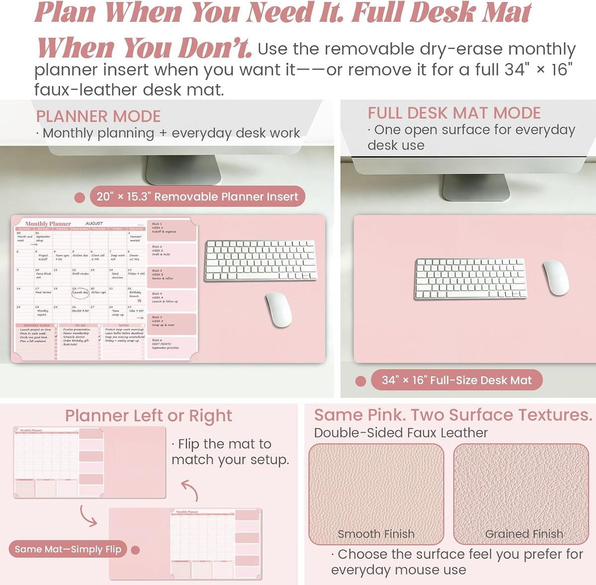 Pink Dry Erase Desk Mat,Large Multi-Use Dry Erase Desk Calendar