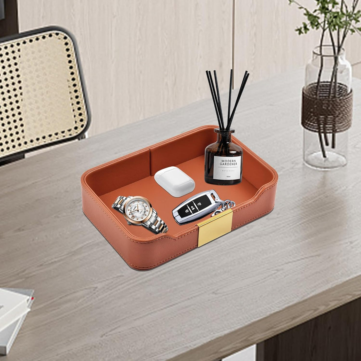 Luxury Leather Valet Tray Desktop Storage Organizer,Bedside Vanity Catchall Tray Nightstand Caddy Holder for Cosmetic,Jewelry,Watch,Keys,Phone,Wallet,Remote Controller,Pen,Black