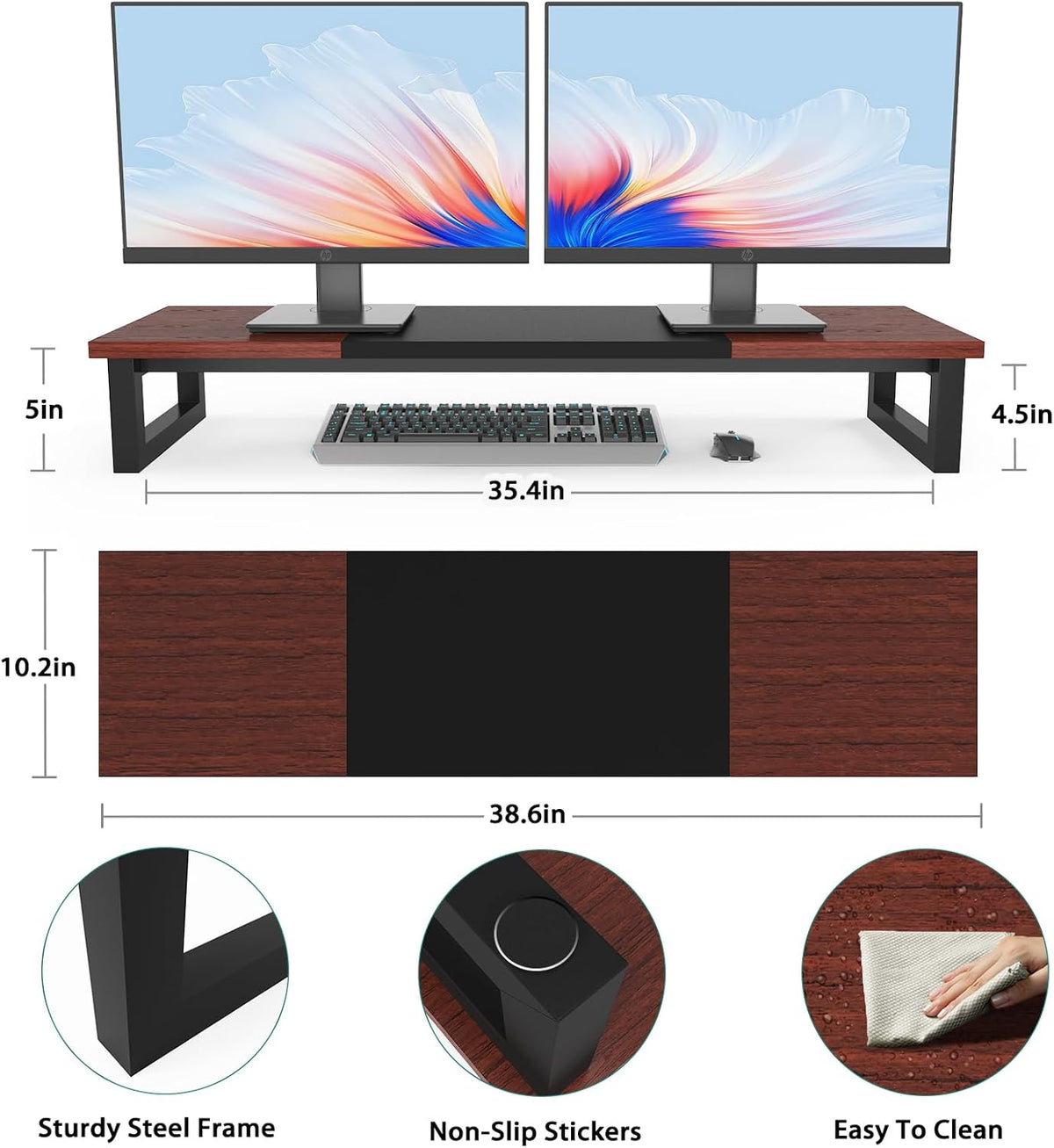 Dual Monitor Stand Riser, 39Inch Large Monitor Stands for 2 Monitors, Computer Monitor Stand, Wooden Desktop Oraganizer Shelf for Office Desk Computer,Laptop,TV