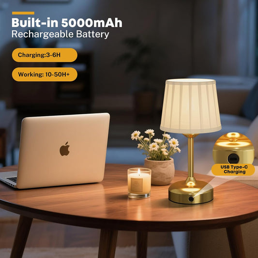 Mini Cordless Table Lamp, Battery Operated Lamp 5000mAh Rechargeable Table Lamp Small Touch Lamp Fabric Shade Dimmable Bedside Lamps for Bedroom, Living Room, Dining Room