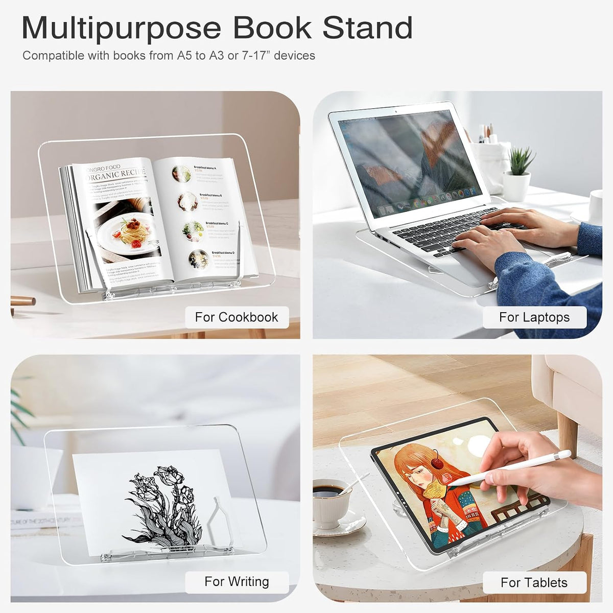 Acrylic Book Stand, Angle Adjustable Book Display Stand,Foldable Cookbook Stand, Lightweight Book Holder for Magazines, Laptop, Recipe, Textbook