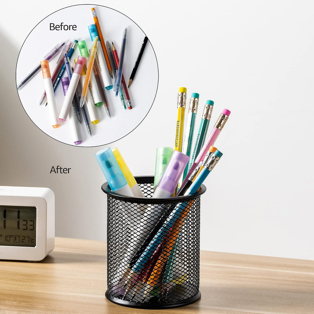 Mesh Pen Holder and Desktop Desk Organizer, Office Caddy Storage for Writing Utensils, 9.1 x 5.9 x 5.5 inches, Black