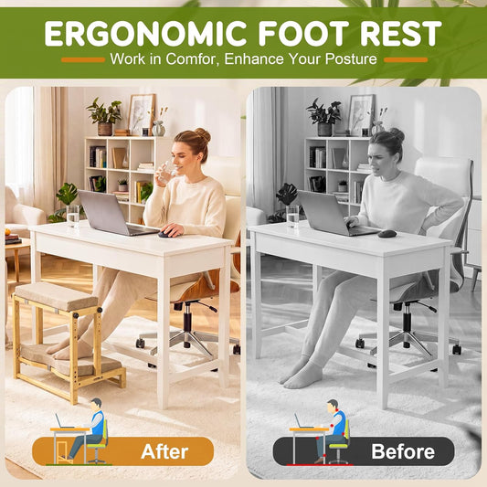 Adjustable Bamboo Under Desk Footrest, Ergonomic Double Step Desk Foot Stool with Removable Cushion,Adjustable 4 Heights Leg Rest, Wide Foot Rest Under Desk Ideal for Office, Gaming, and Study