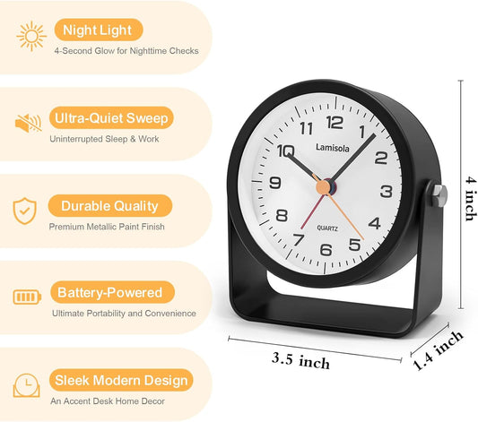 Lamisola 3.5 Inch Small Desk Battery Clock, Black for Bedroom