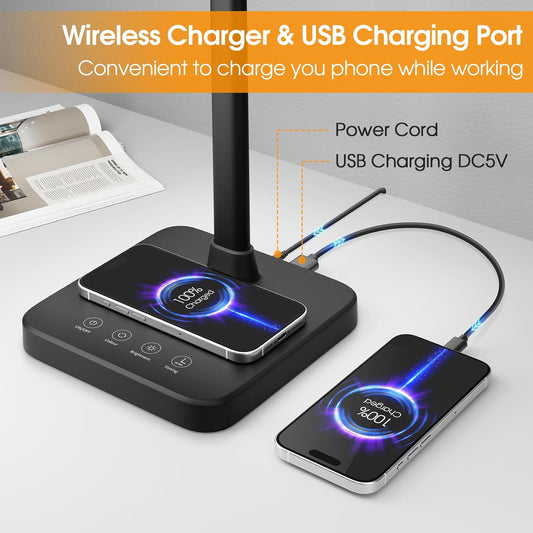 LED Desk Lamp, 24W Double Head Desk Light with Wireless Charging