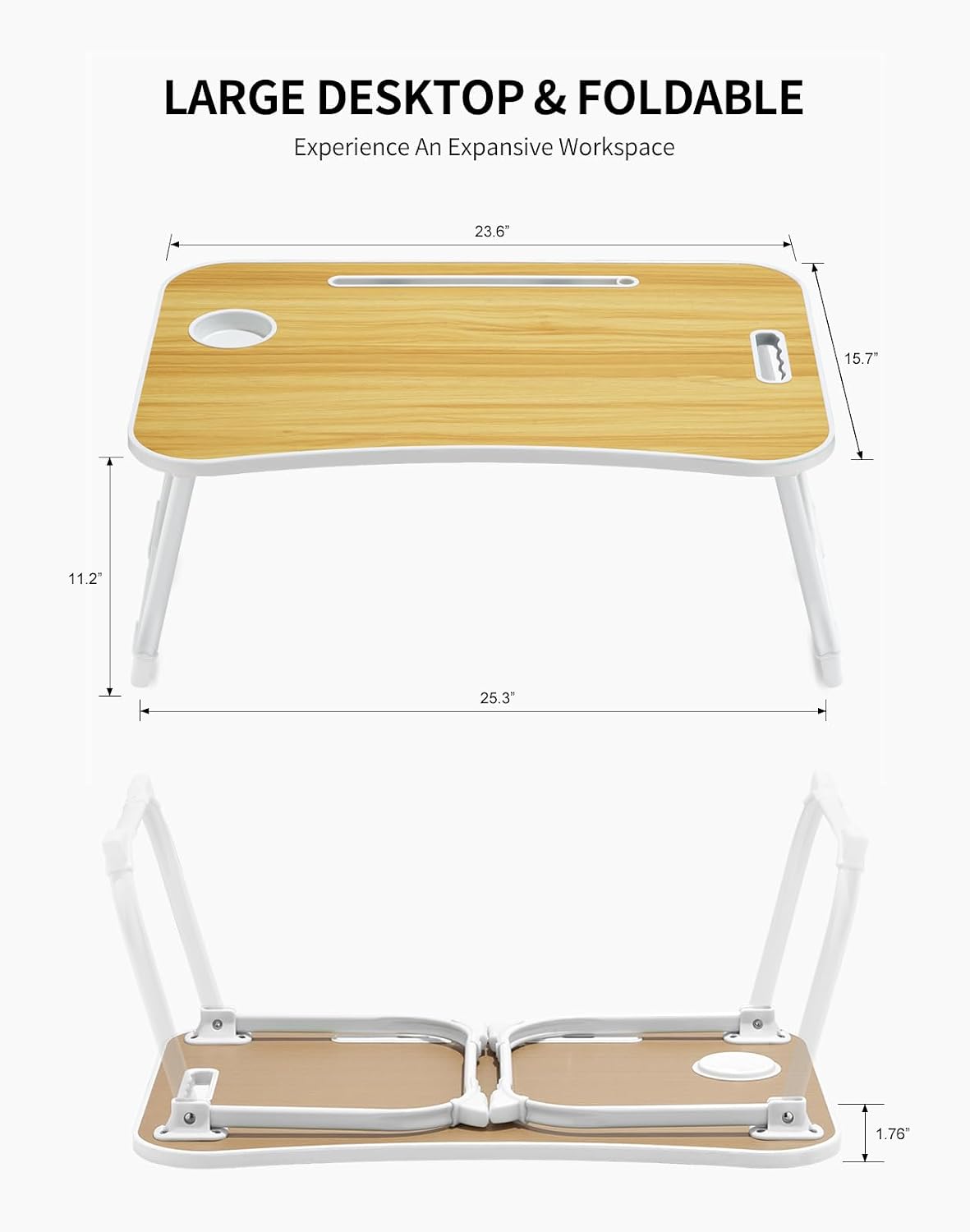 Laptop Bed Desk, Foldable Lap Desk, Portable Lap Table, Laptop Stand with Cup Holder, Tablet Slot & Lifting Handle for Work, Write, Draw & Eat on Bed, Sofa or Couch - Pink