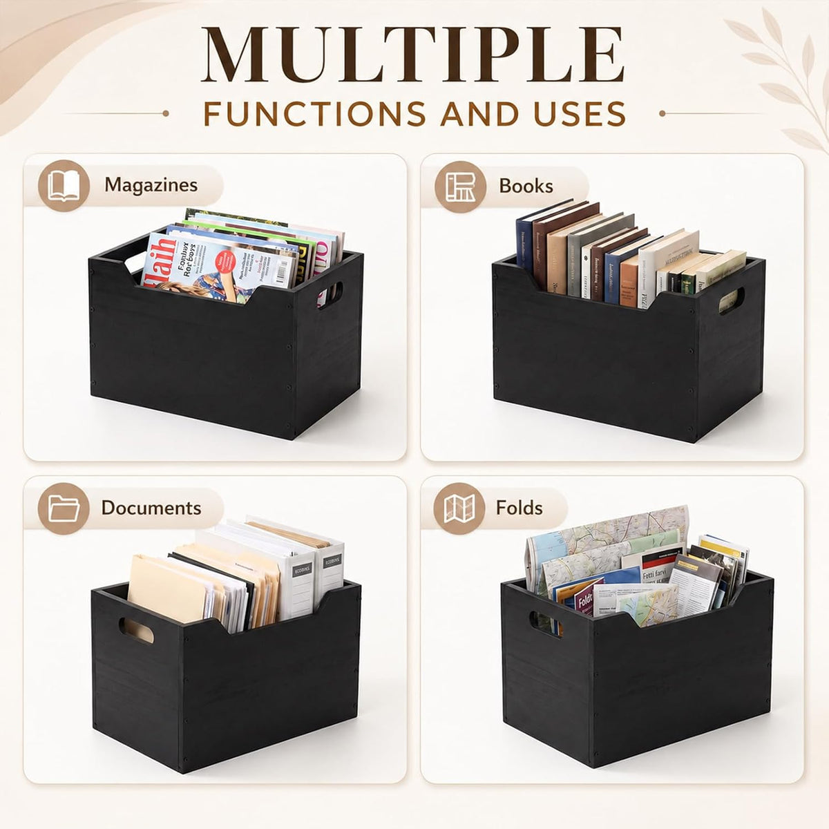 2 Pack Wood File Organizer Box, Black Storage Holder with Handle
