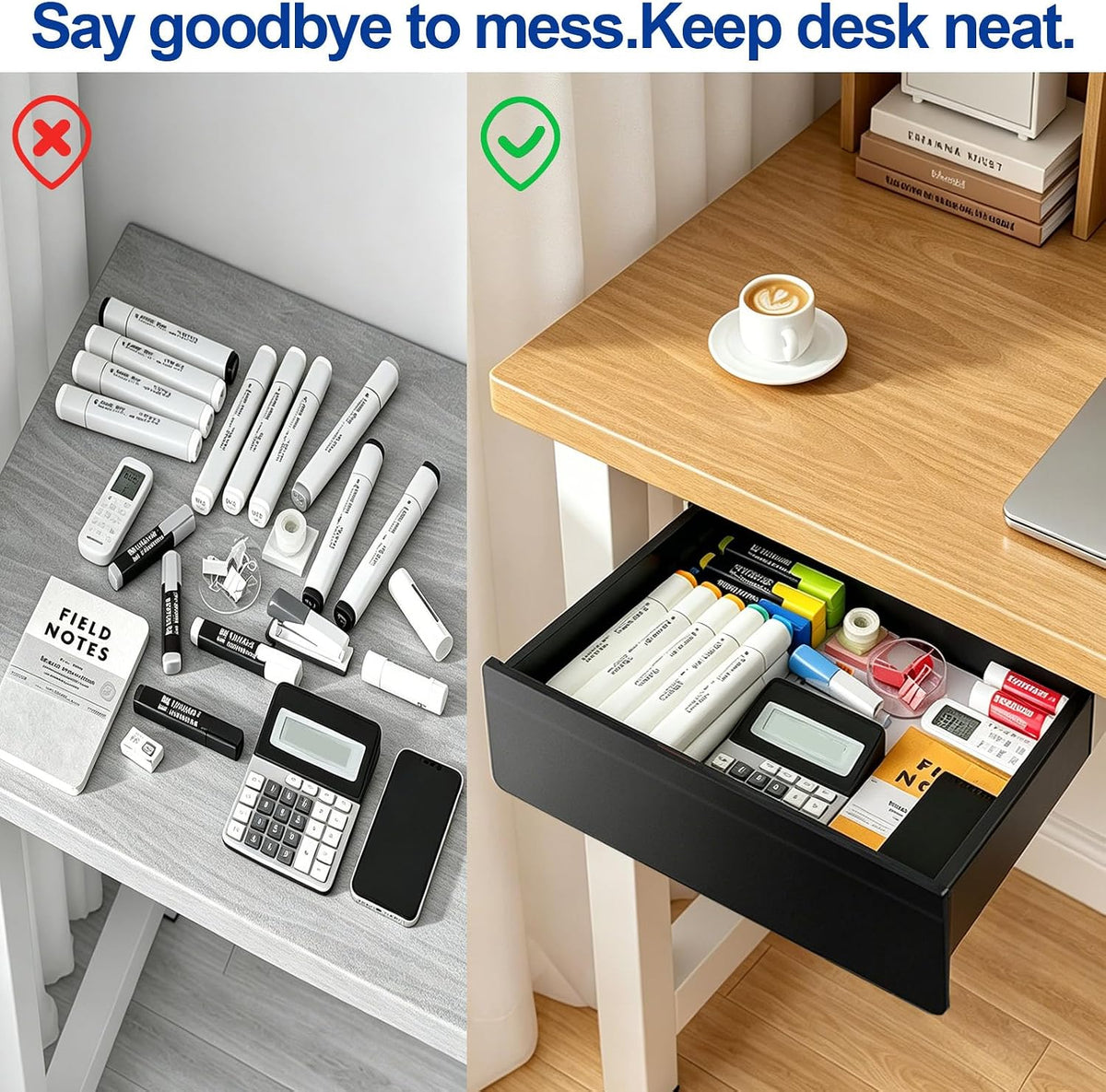 Under Desk Storage Drawer Organizer,3 Pack Self-Adhesive Slide Out Desk Drawers Under Table for Shelf,Office Supplies,Home,Large & Medium & Small,Black
