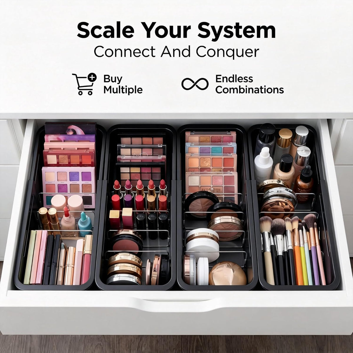 Drawer Organizer- Adjustable Storage Bins with 5 Dividers, Gray Clear Drawer Organizer for Kitchen, Bedroom, and Office, Expandable clear organizer bins for Makeup, Utensils, and Gadgets