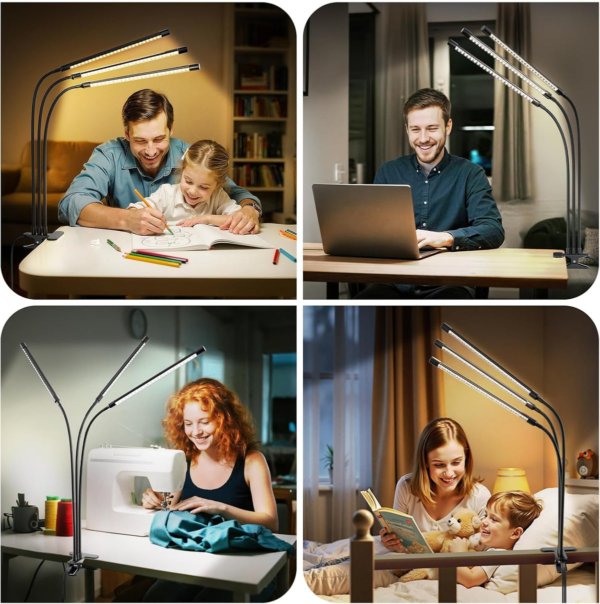 3-Head LED Desk Lamp with Clamp, Eye-Caring Clip on Lights