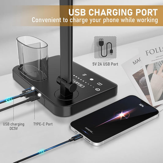 Dimmable LED Desk Lamp with USB Charging Port, 50 Lighting Modes Dual Swing Arm Architect Table Lamp Light Desk Lamp for Home Office Dorm Piano Nail