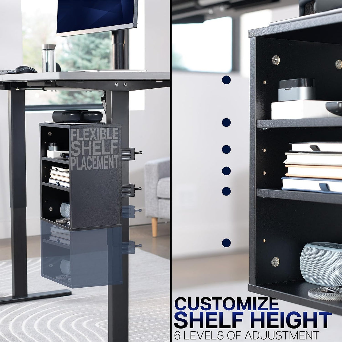 Black Clamp-on Desk Leg Shelving Unit, Storage Shelves, DESK-SHELF3CL