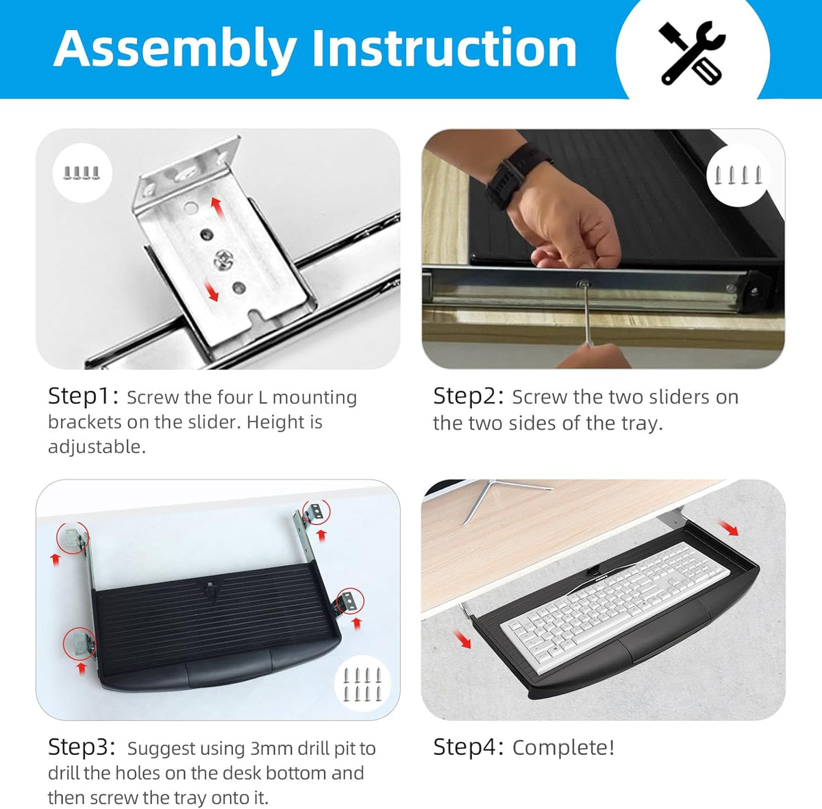 Under Desk Keyboard Tray, 20" Wx11"D Sturdy Key Board Tray Under Desk Slide with Pen Tray, Desk Extender with Pen Holder,Black