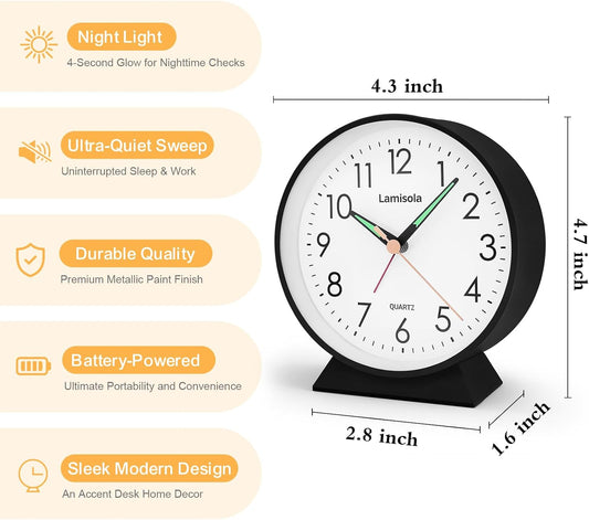 4.5 Inch Small Desk Clock Battery Analog for Bedroom, Black