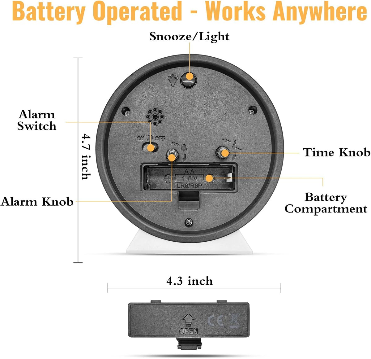 4.5 Inch Small Desk Clock Battery Analog for Bedroom, Black