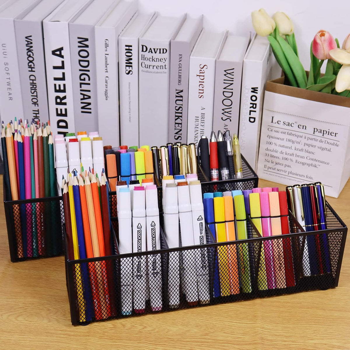 Black Mesh Pen Pencil Holder, Small Metal Desk Organizer Desktop Stationery Office Supplies Acessories Storage Stand, 5 Compartments Brushes Holder for Home School Classroom Teachers