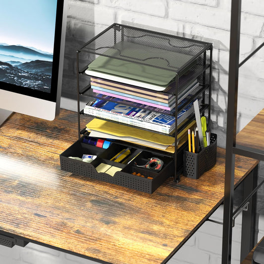 5-Tier Desk File Organizer w/Drawer & Pen Holder, Black