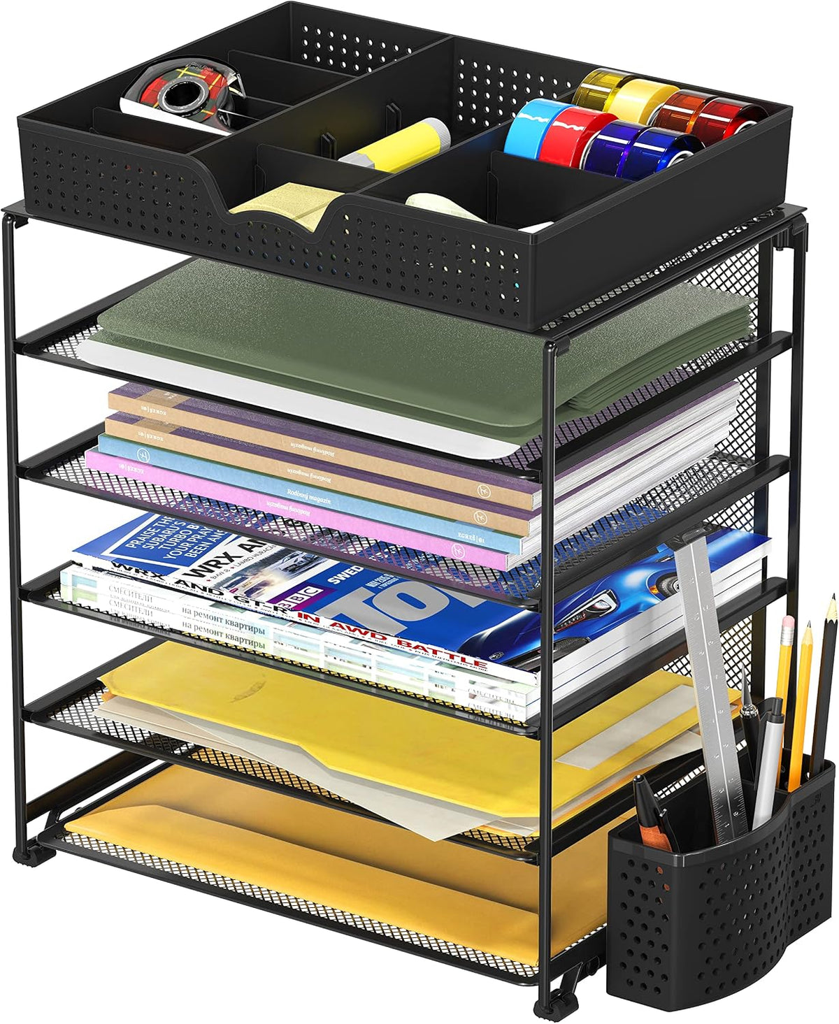 5-Tier Desk File Organizer w/Drawer & Pen Holder, Black