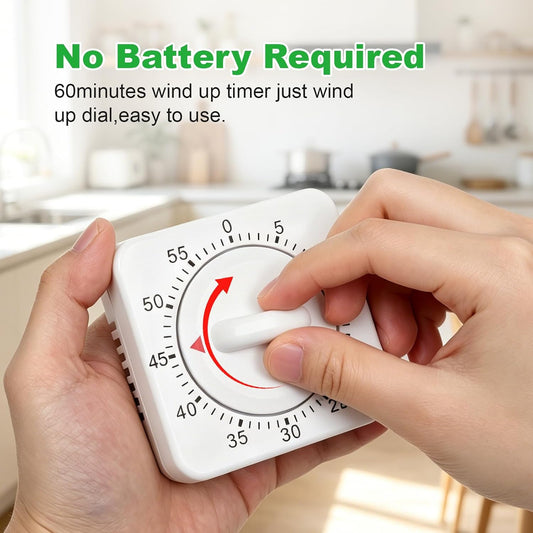 60 Minute Mechanical Kitchen Timer - Visual Wind Up Timer Clock with Loud Alarm - No Batteries Required-Magnetic Backing, Timer for Classroom, Home, Study and Cooking (White)