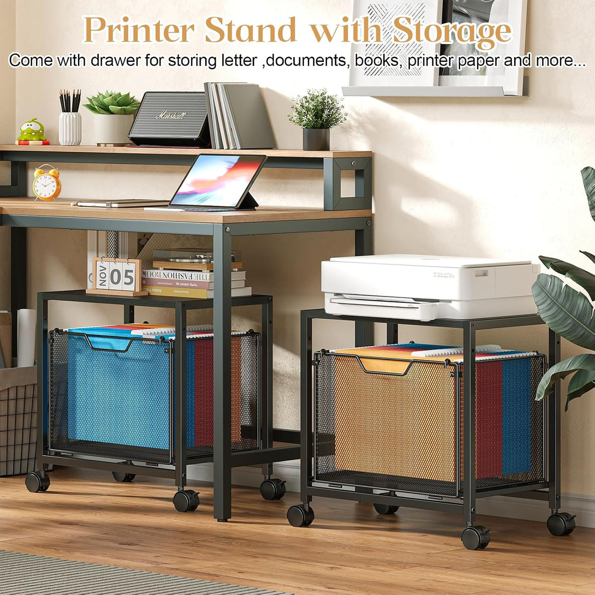 Under Desk Storage, Printer Stand with Drawer, Rolling File Cabinet with Adjustable Table Top, 2 Tier Industrial Shelf on Fixed Feet Wheels, Sofa Side Table Organizer for Home, Office, Black