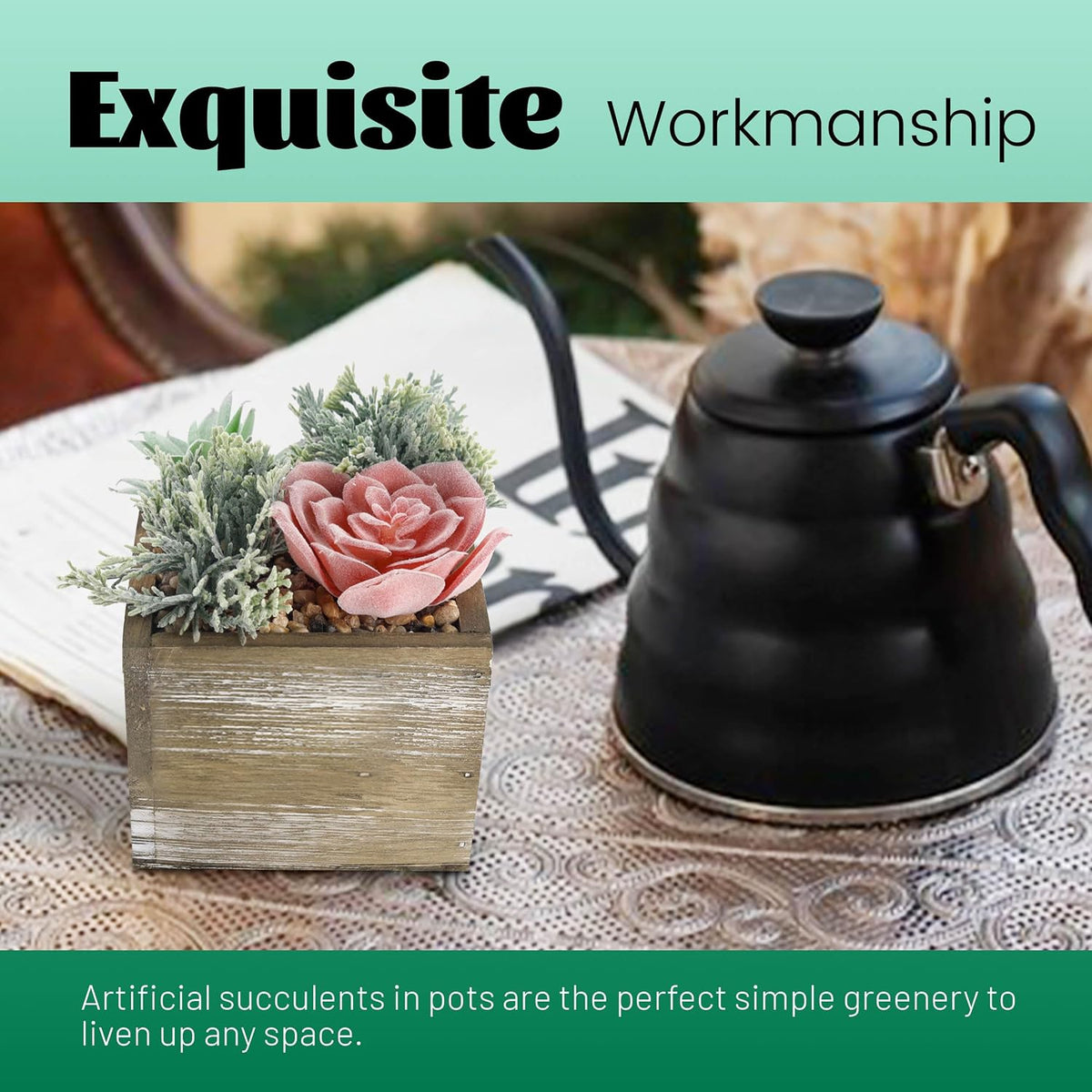 2 Pack Fake Succulents Plants in Wood Pots for Farmhouse Decor