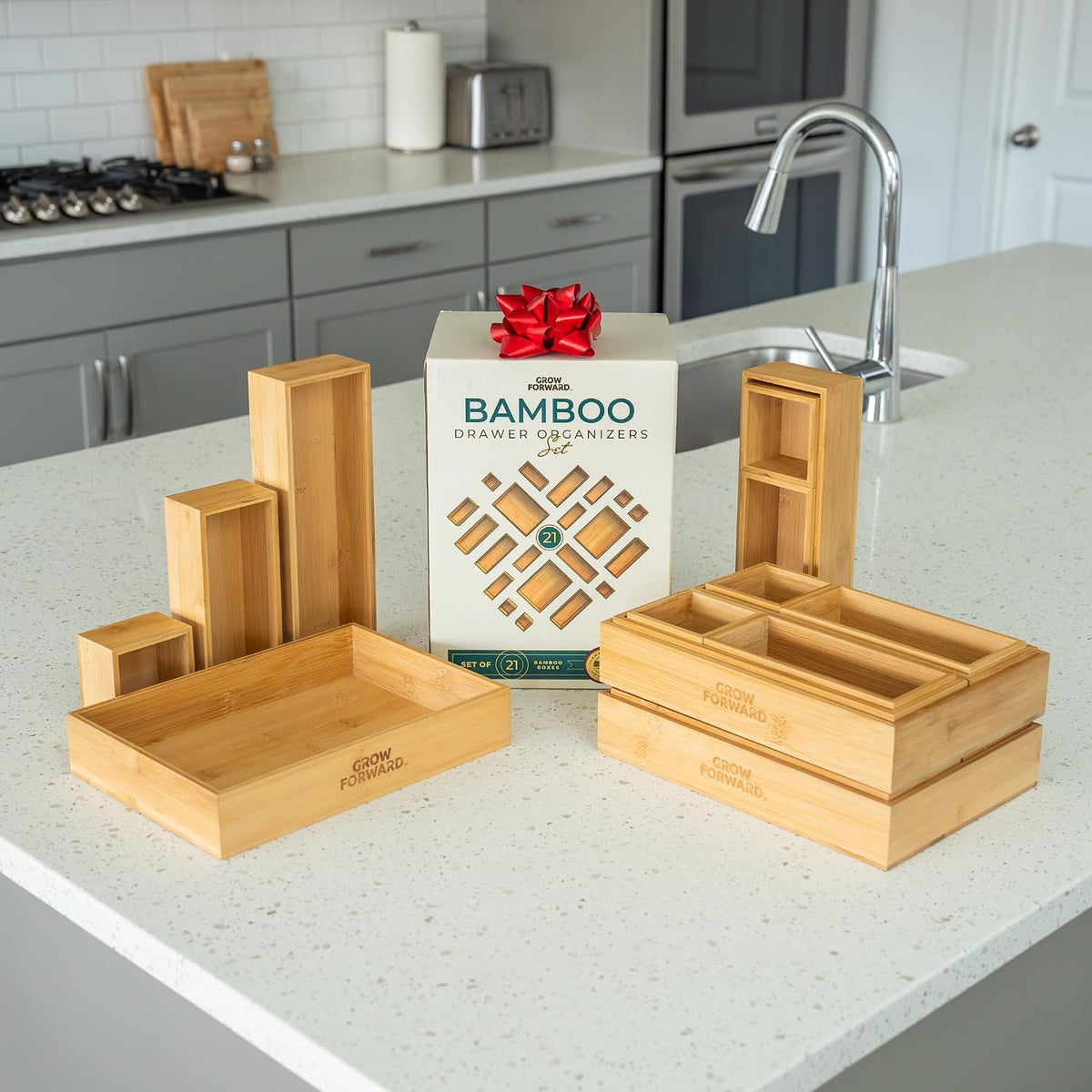 Bamboo Drawer Organizer Boxes - Set of 14 Wooden Drawer Organizers for Kitchen, Bathroom, Office, Desk, Vanity, Makeup - Non-Slip Junk Drawer Organizer Trays for Storage and Organization