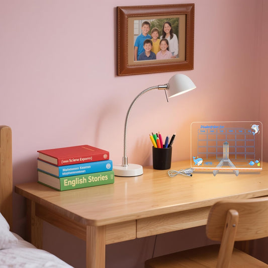 LED Acrylic Erase Board Calendar with Stand,Clear Desktop Calendar Whiteboard for Desk with 7 Color Markers Erasable Markers,Weekly&Monthly Planner,for Home, Office, School, Birthday Gift (Blue)