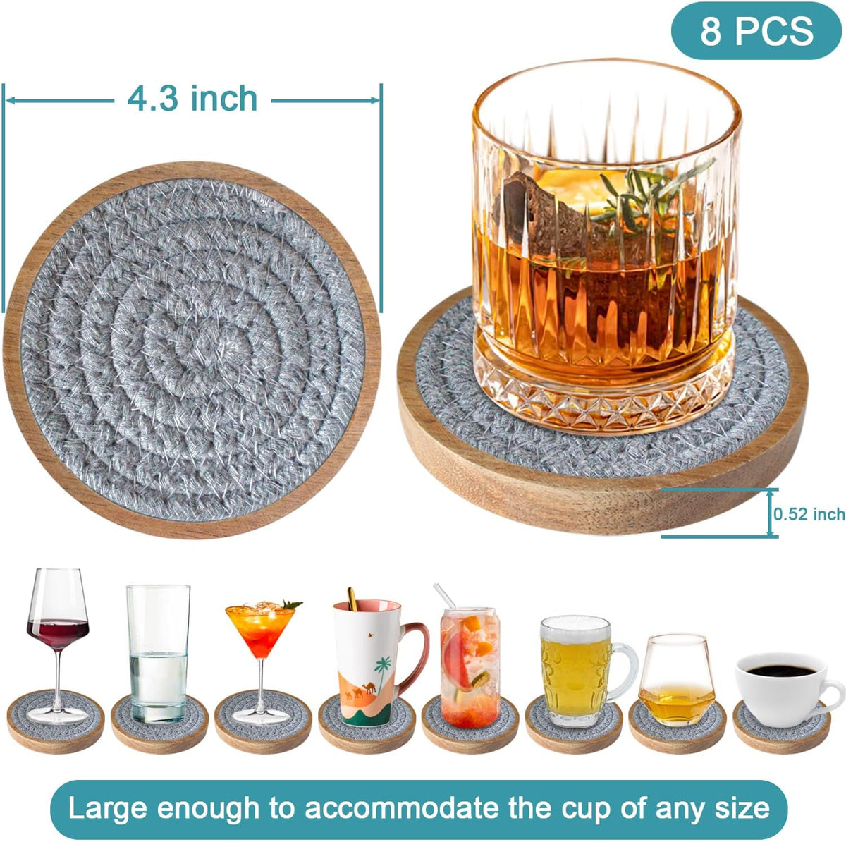 Coasters for Drinks Absorbent, 4.3 inches Woven Coasters for Coffee Tables, Wooden Drink Coasters for Table Protection, Reusable Drink Coasters for Kitchen, Farmhouse, Bar, Office, Brown