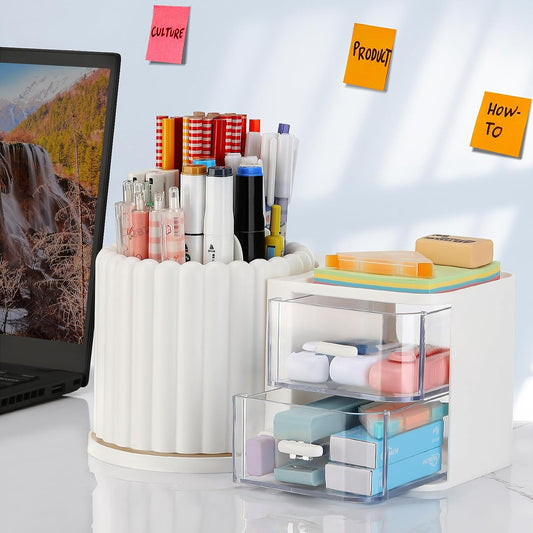 Rotating Office Desk Organizers and Accessories with 2 Drawer, Pencil Pen Marker Holder for Desk, Desktop Storage Organizers and Accessories for Office Home Art Supplies (White)