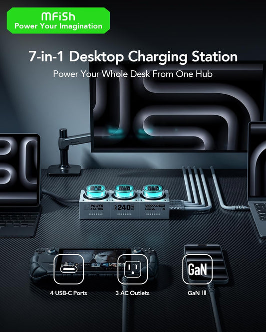 MFish E-Tank 7-in-1 Desktop Charging Station, 240W Max GaN USB-C Charger