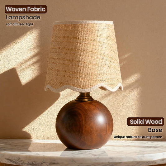 11.4" Boho Wooden Small Table Lamp with Scalloped Wavy Shade