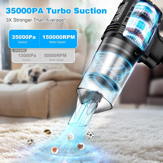 Cordless, 35000PA Strong Suction Handheld Vacuum with 2 Detachable Batteries, 60Min Runtime Portable Vacuum Cleaner for Car Detailing, Pet Hair, Home Couch & Office, 350ML XL Dust Cup